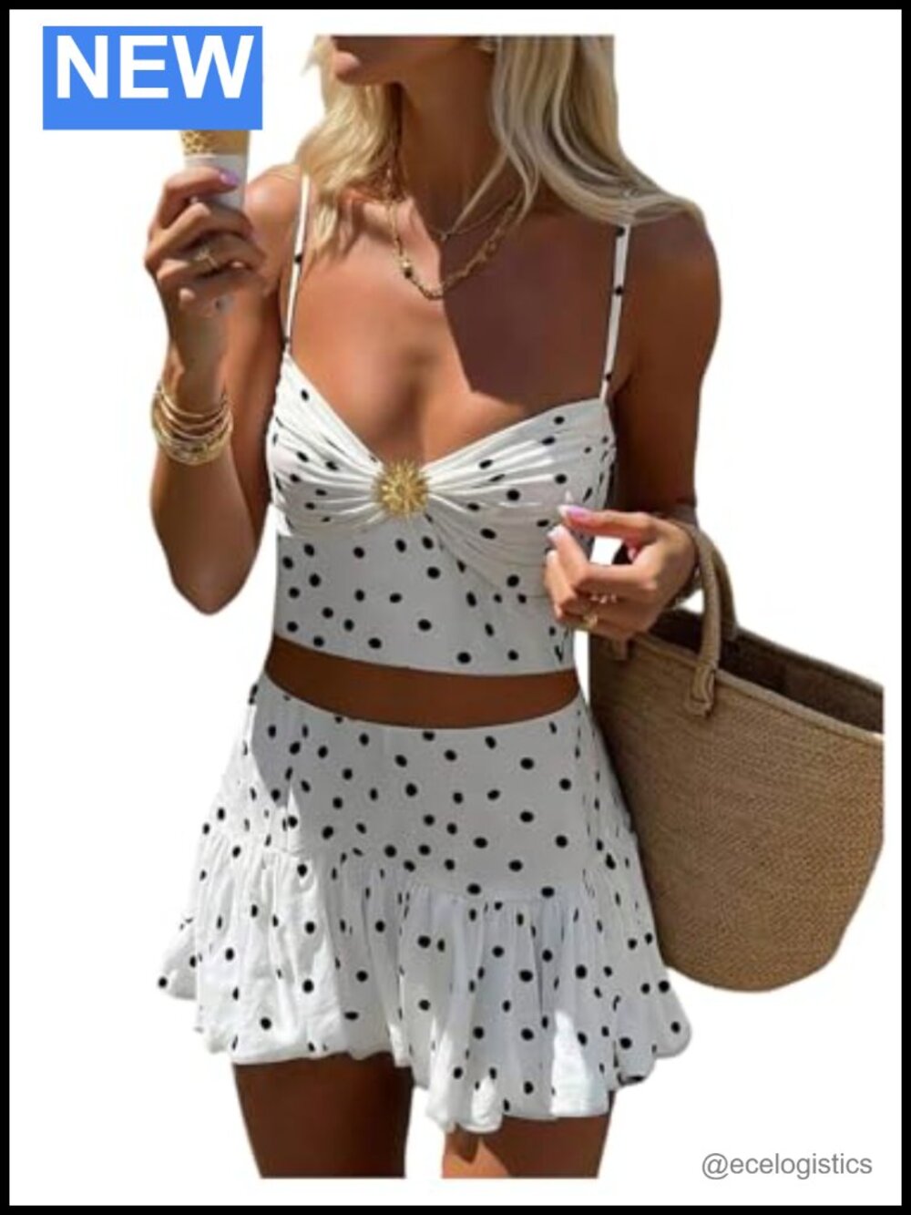 Women's 2 Piece Polka Dot Skirt Set - Crop Top Mini Skirt Vacation Outfit